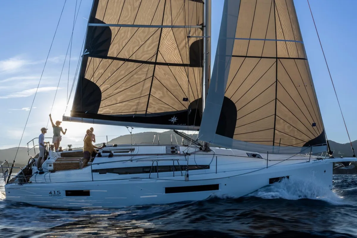 Exterior view of Akita, a Jeanneau Sun Odyssey 415 sailboat at Kontokali, Greece