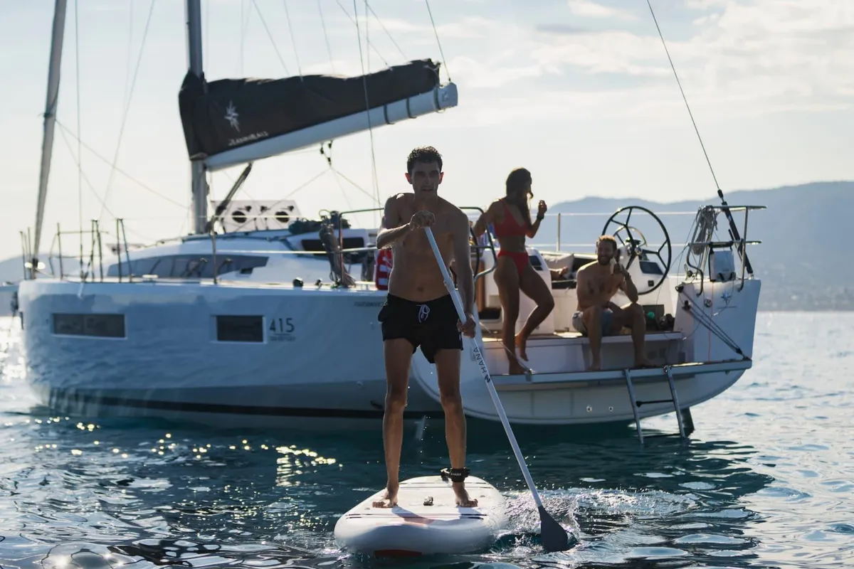 Exterior view of Akita, a Jeanneau Sun Odyssey 415 sailboat at Kontokali, Greece
