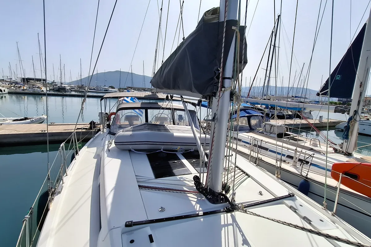 Deck of Foxtrot, a Hanse 458 sailboat at Athens, Greece
