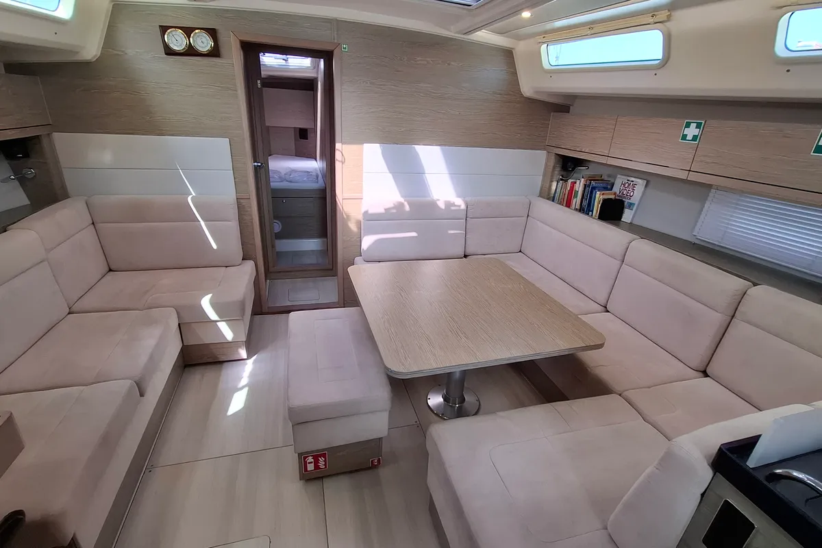 Salon of Foxtrot, a Hanse 458 sailboat at Athens, Greece