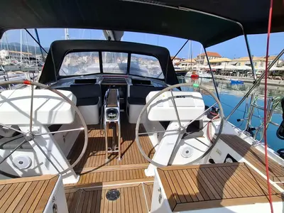 Cockpit of Foxtrot, a Hanse 458 sailboat at Athens, Greece