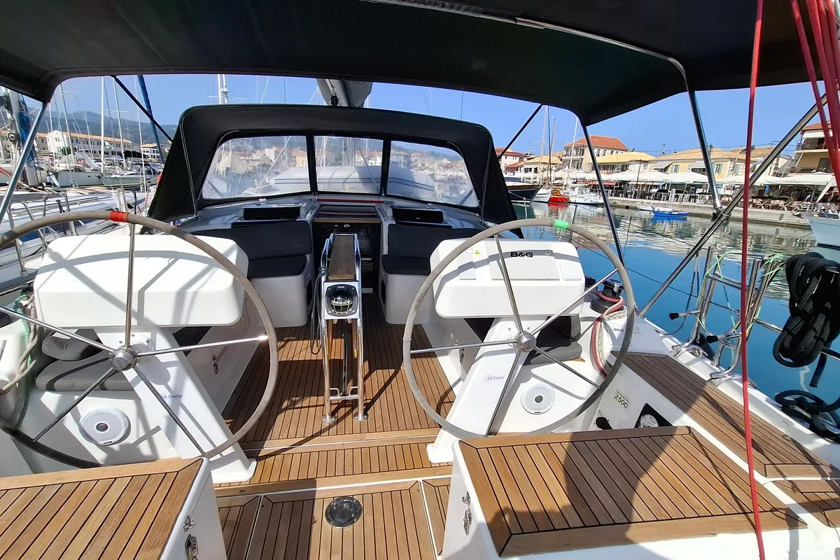 Cockpit of Foxtrot, a Hanse 458 sailboat at Athens, Greece