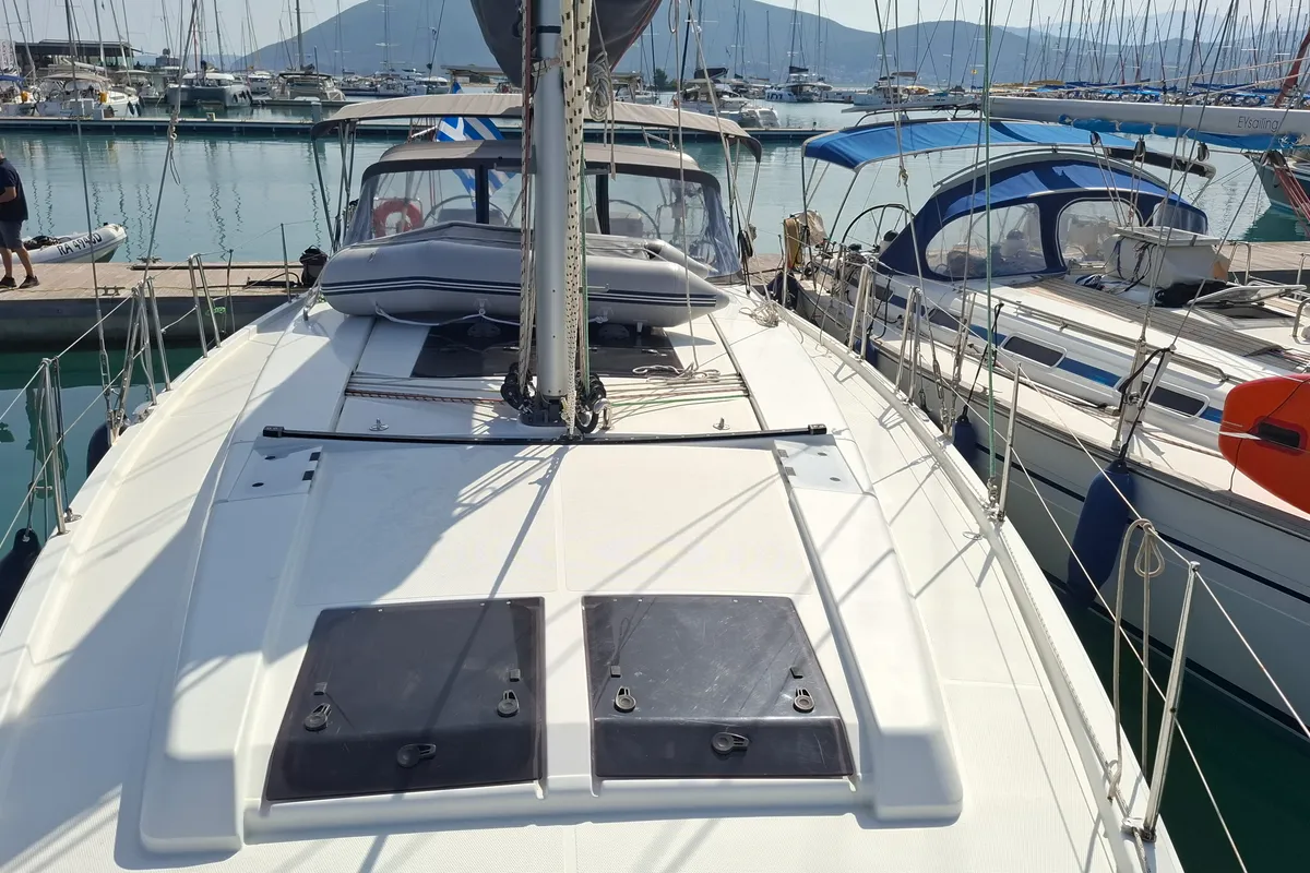 Deck of Foxtrot, a Hanse 458 sailboat at Athens, Greece