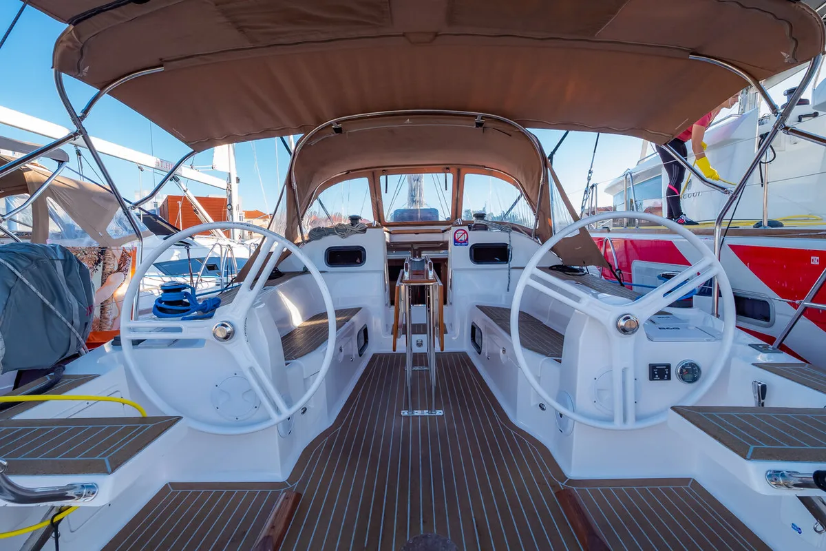 Deck of Maloi, a Elan Impression 40 sailboat at Biograd na Moru, Croatia