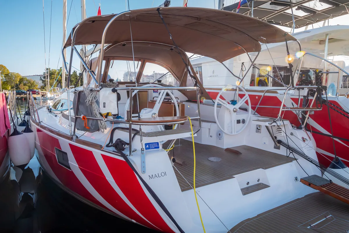 Cockpit of Maloi, a Elan Impression 40 sailboat at Biograd na Moru, Croatia