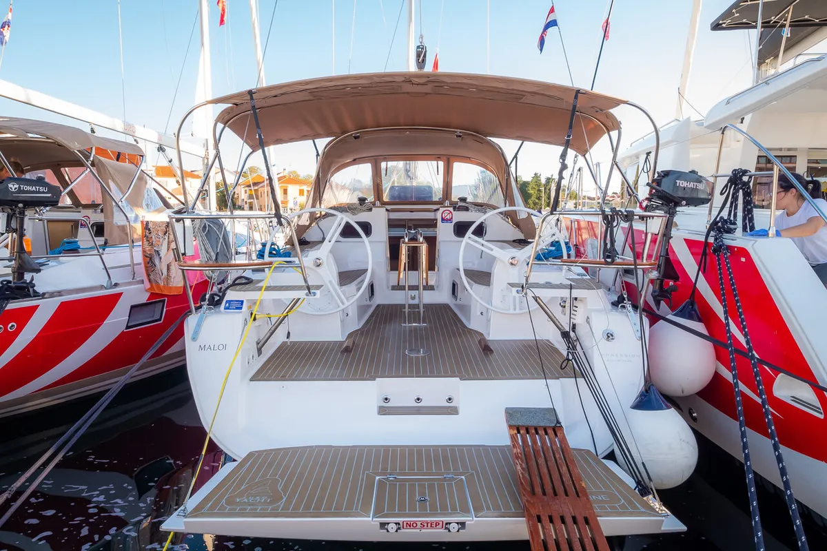 Exterior view of Maloi, a Elan Impression 40 sailboat at Biograd na Moru, Croatia