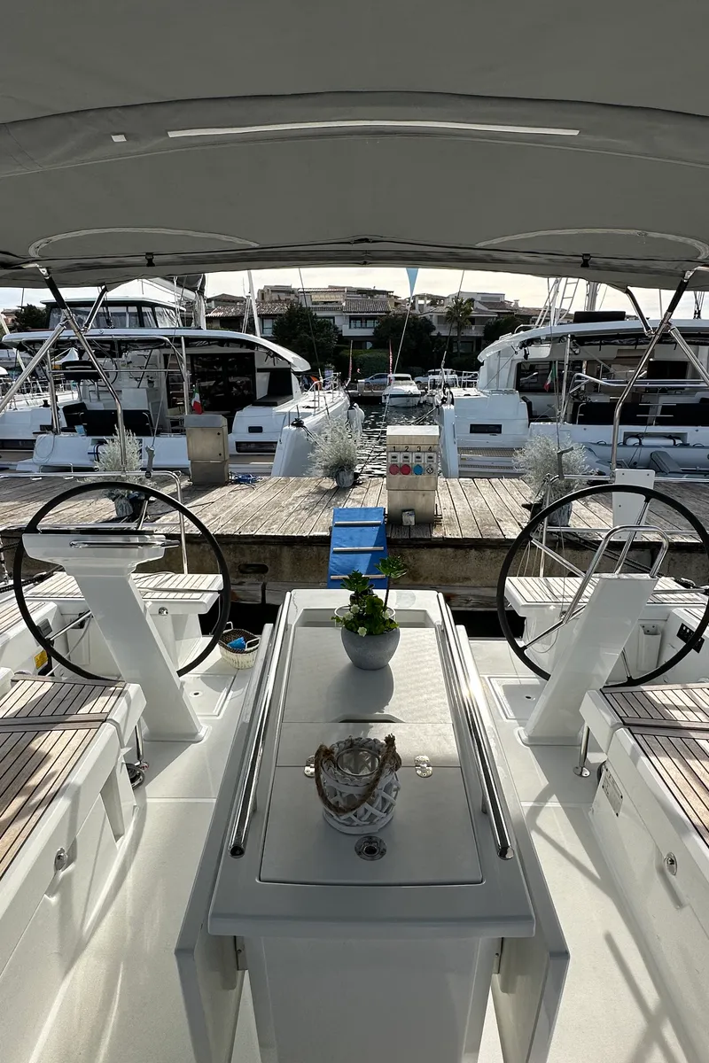 Cockpit of Moonraker, a Beneteau Oceanis 46.1 sailboat at Olbia, Italy