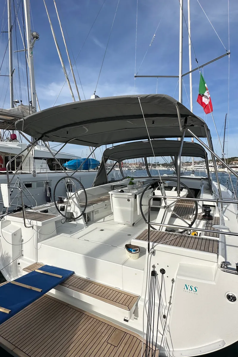 Exterior view of Moonraker, a Beneteau Oceanis 46.1 sailboat at Olbia, Italy