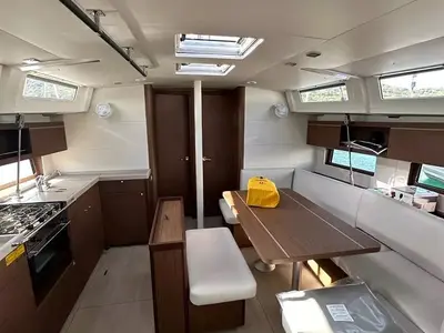 Salon of Moonraker, a Beneteau Oceanis 46.1 sailboat at Olbia, Italy