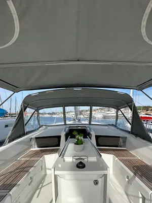 Cockpit of Moonraker, a Beneteau Oceanis 46.1 sailboat at Olbia, Italy