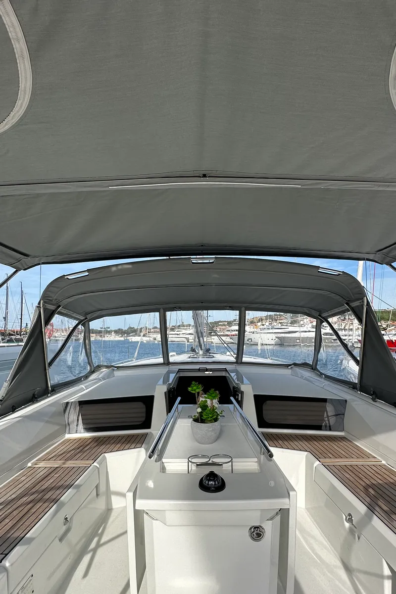 Cockpit of Moonraker, a Beneteau Oceanis 46.1 sailboat at Olbia, Italy