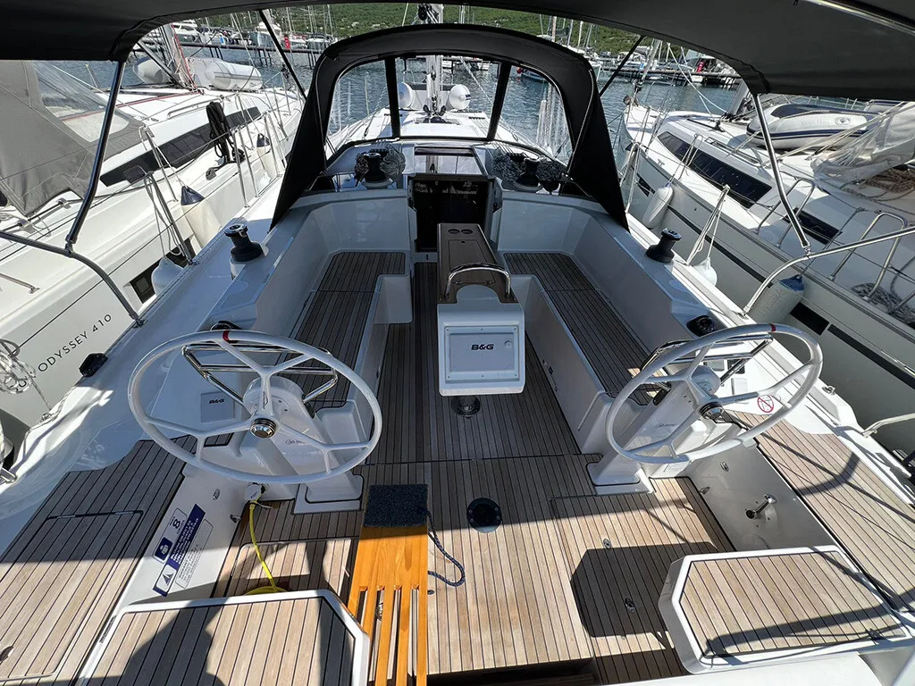 Cockpit of Moya, a Bavaria C38 sailboat at Split, Croatia