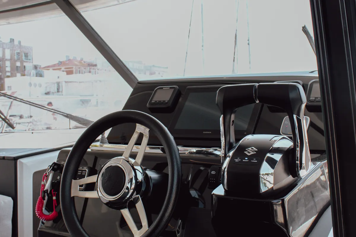 Cockpit of NIKA, a Jeanneau Merry Fisher 1295 FLY motorboat at Zadar, Croatia