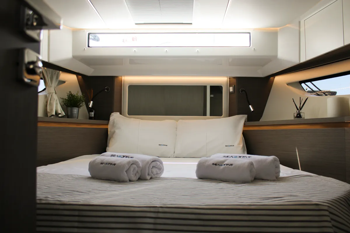 Cabin on NIKA, a Jeanneau Merry Fisher 1295 FLY motorboat at Zadar, Croatia