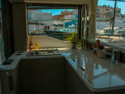 Galley of NIKA, a Jeanneau Merry Fisher 1295 FLY motorboat at Zadar, Croatia