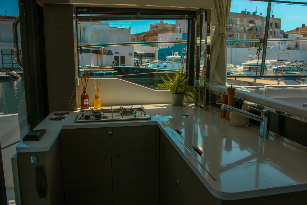 Galley of NIKA, a Jeanneau Merry Fisher 1295 FLY motorboat at Zadar, Croatia