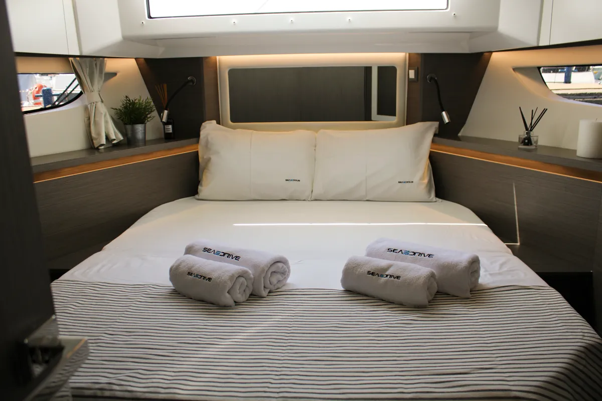 Cabin on NIKA, a Jeanneau Merry Fisher 1295 FLY motorboat at Zadar, Croatia