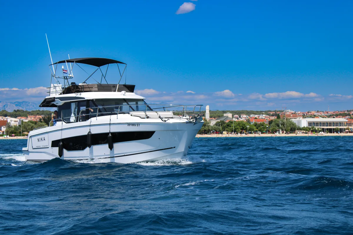 Exterior view of NIKA, a Jeanneau Merry Fisher 1295 FLY motorboat at Zadar, Croatia