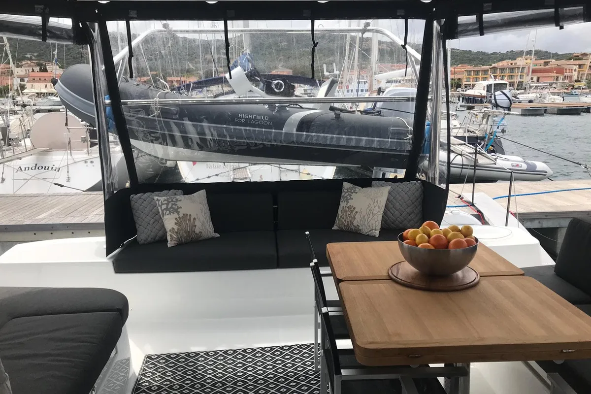 Deck of OHANA, a Lagoon 50 catamaran at Procida, Italy