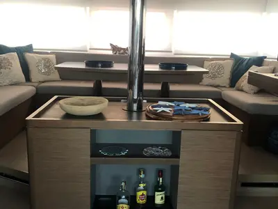 Salon of OHANA, a Lagoon 50 catamaran at Procida, Italy