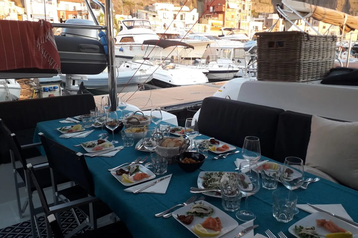 Deck of OHANA, a Lagoon 50 catamaran at Procida, Italy