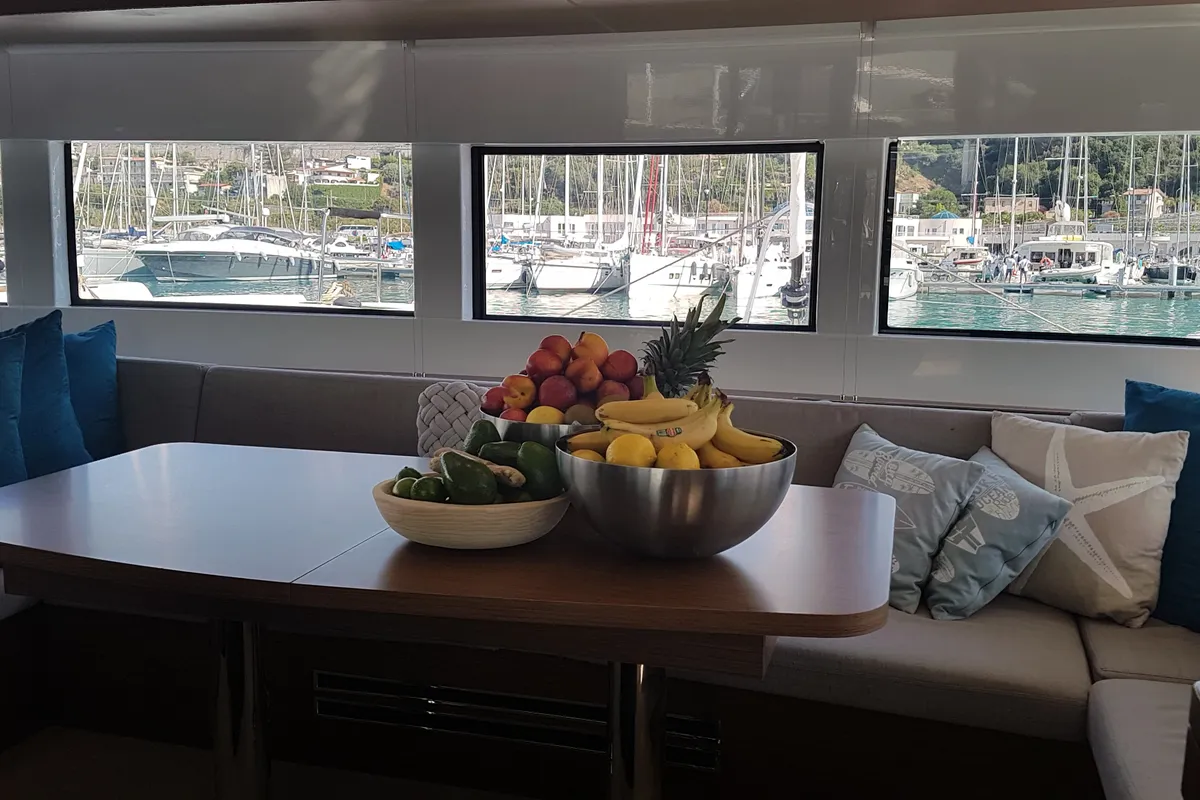 Salon of OHANA, a Lagoon 50 catamaran at Procida, Italy