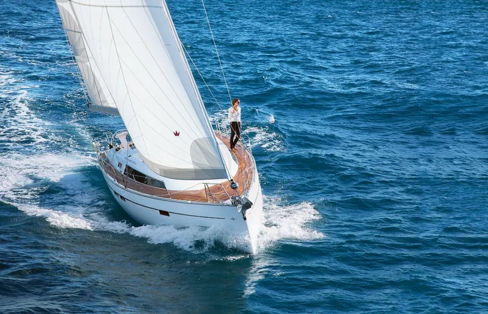 Exterior view of Coco, a Bavaria Cruiser 46 sailboat at Fethiye, Turkey