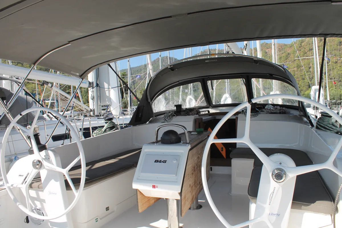 Cockpit of Coco, a Bavaria Cruiser 46 sailboat at Fethiye, Turkey
