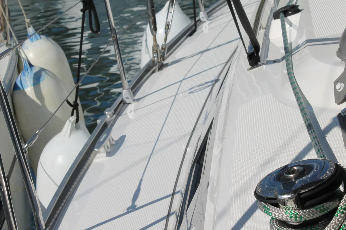 Deck of Coco, a Bavaria Cruiser 46 sailboat at Fethiye, Turkey