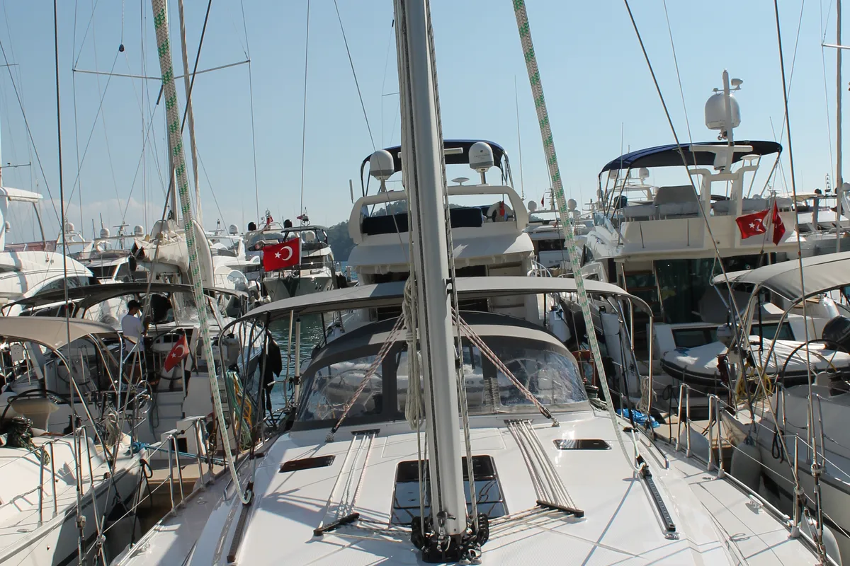 Exterior view of Coco, a Bavaria Cruiser 46 sailboat at Fethiye, Turkey