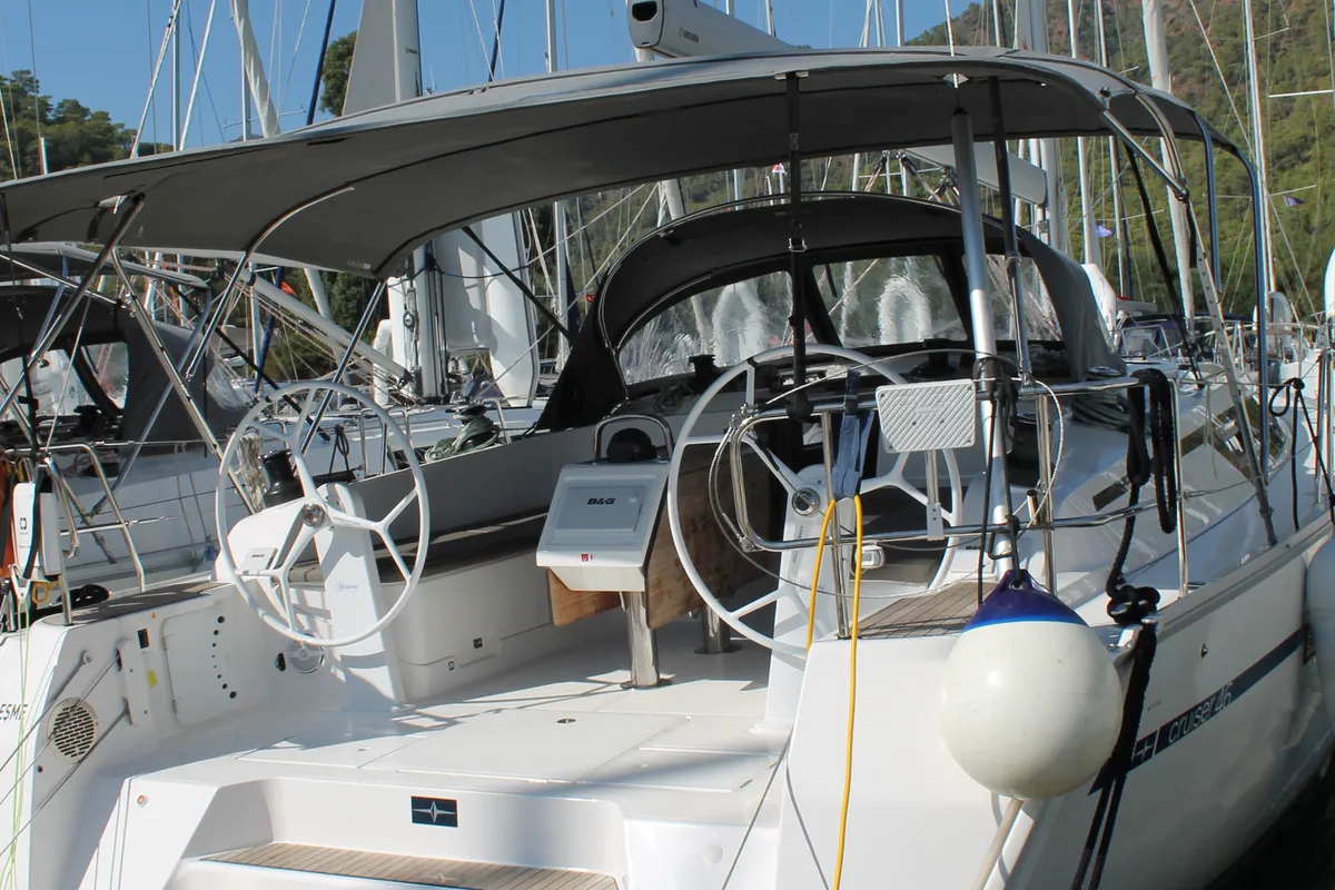 Exterior view of Coco, a Bavaria Cruiser 46 sailboat at Fethiye, Turkey