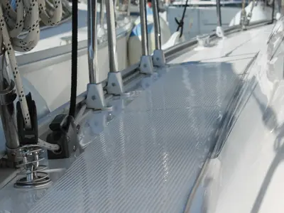 Deck of Coco, a Bavaria Cruiser 46 sailboat at Fethiye, Turkey