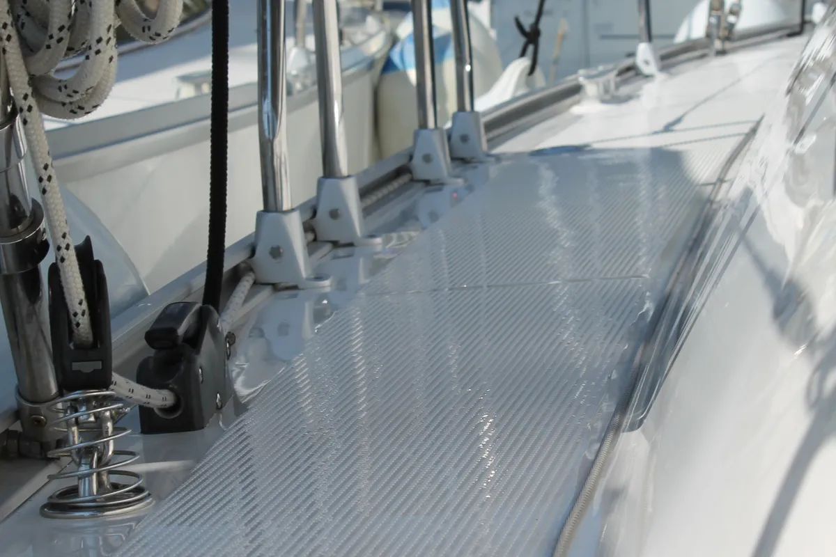 Deck of Coco, a Bavaria Cruiser 46 sailboat at Fethiye, Turkey