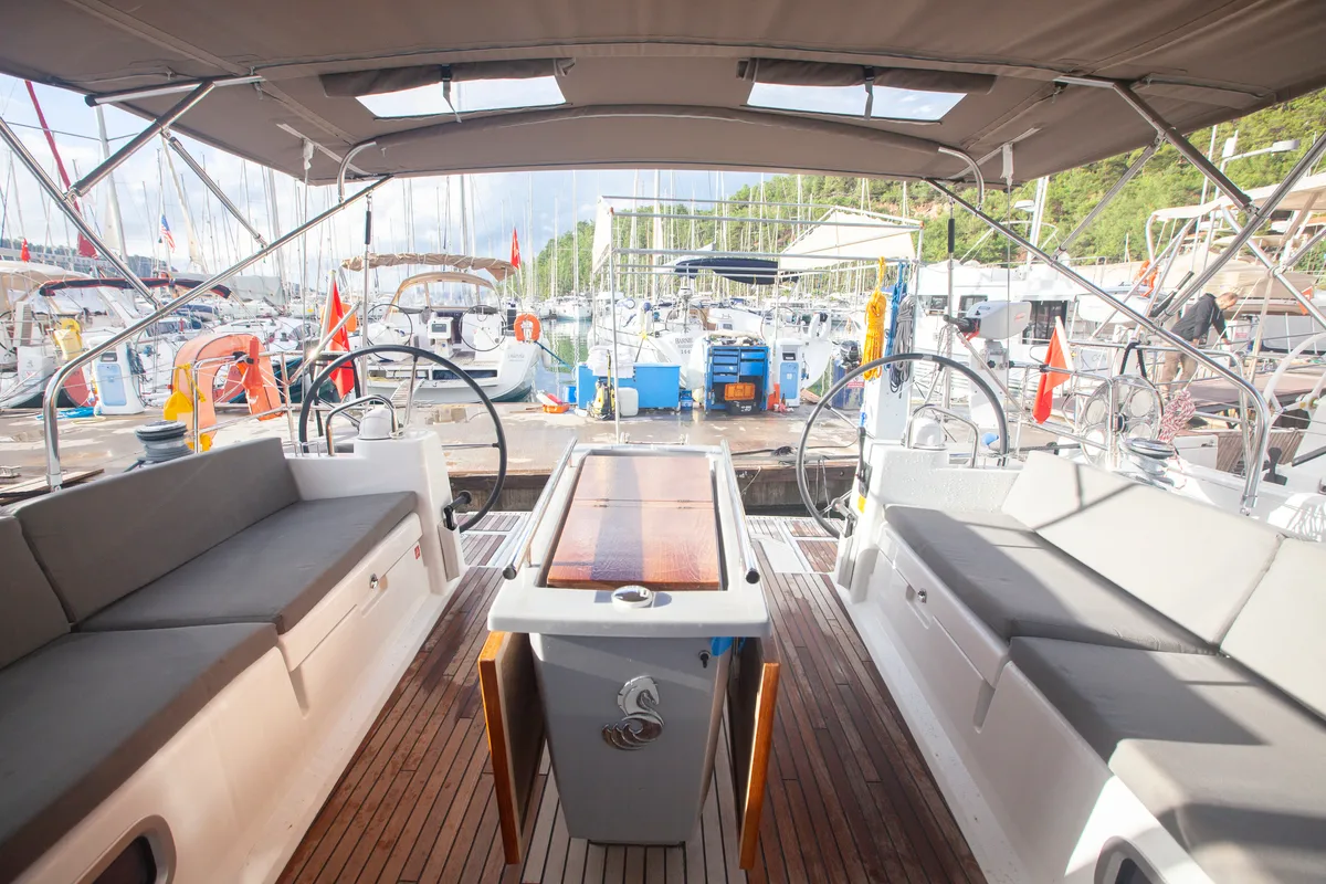 Cockpit of Hande, a Beneteau Oceanis 45 sailboat at Marmaris, Turkey