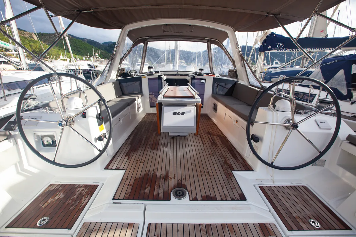 Cockpit of Hande, a Beneteau Oceanis 45 sailboat at Marmaris, Turkey