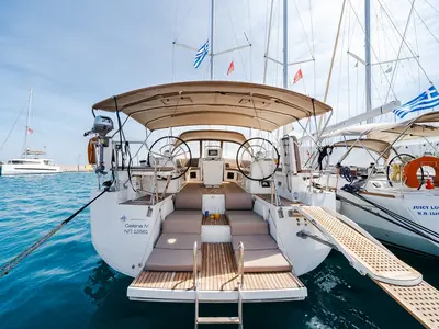 Deck of Celena IV, a Jeanneau 54 sailboat at Benitses, Greece