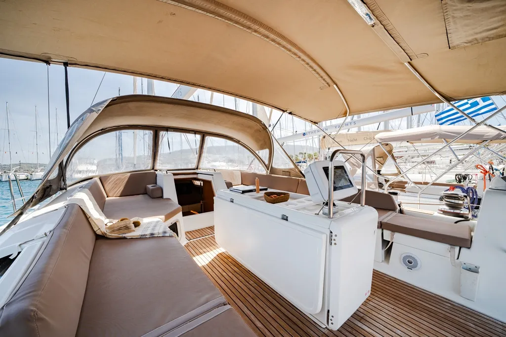 Deck of Celena IV, a Jeanneau 54 sailboat at Benitses, Greece