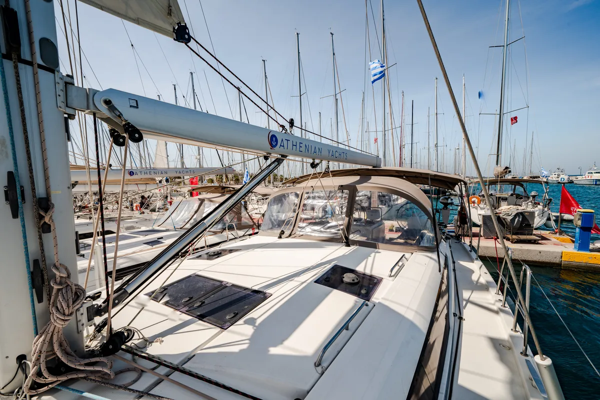 Exterior view of Celena IV, a Jeanneau 54 sailboat at Benitses, Greece