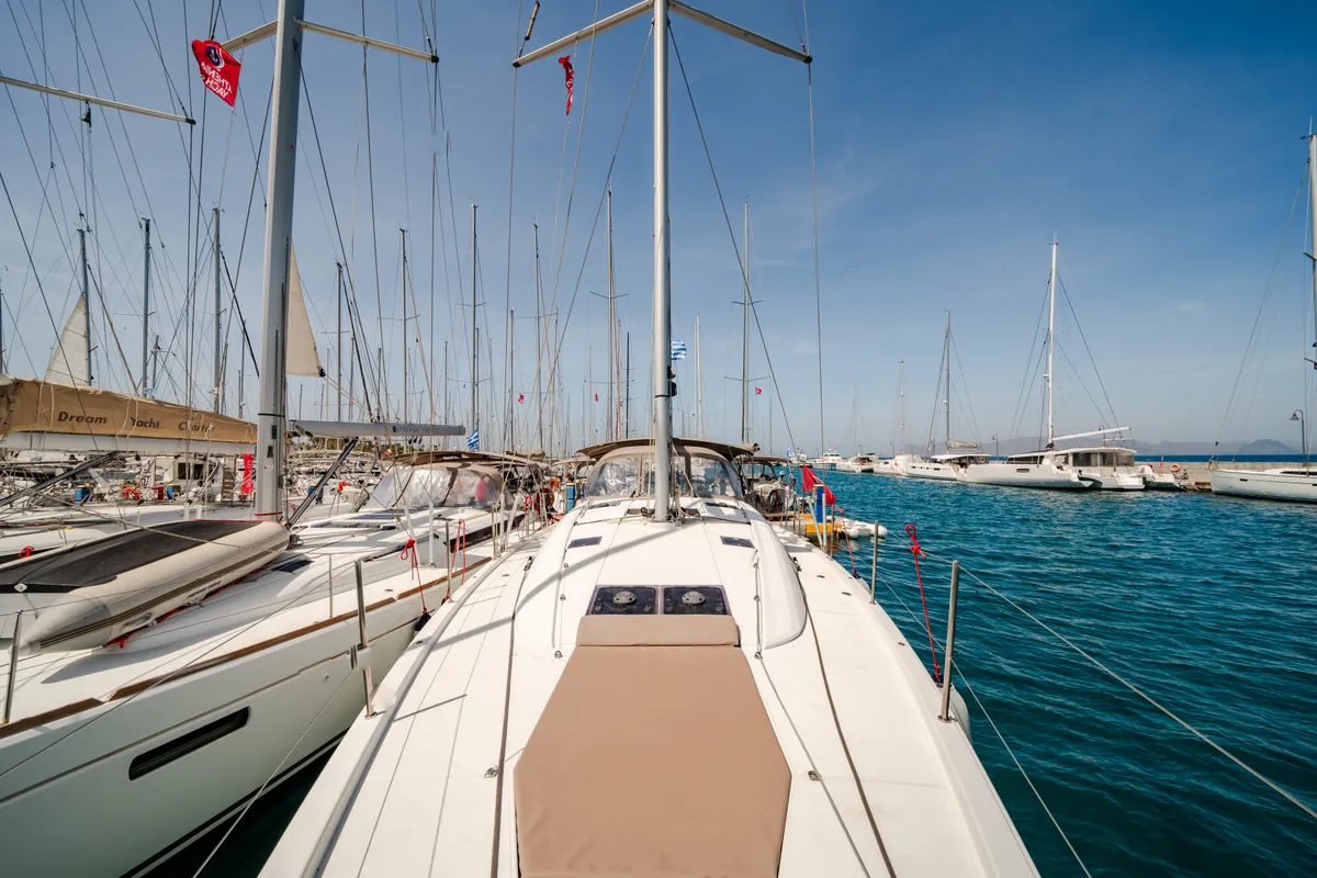 Exterior view of Celena IV, a Jeanneau 54 sailboat at Benitses, Greece