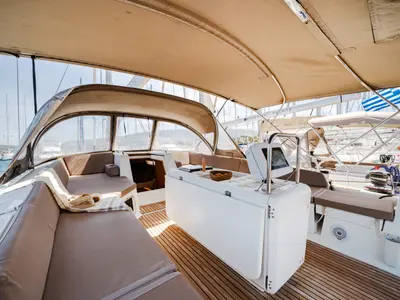 Cockpit of Celena IV, a Jeanneau 54 sailboat at Benitses, Greece