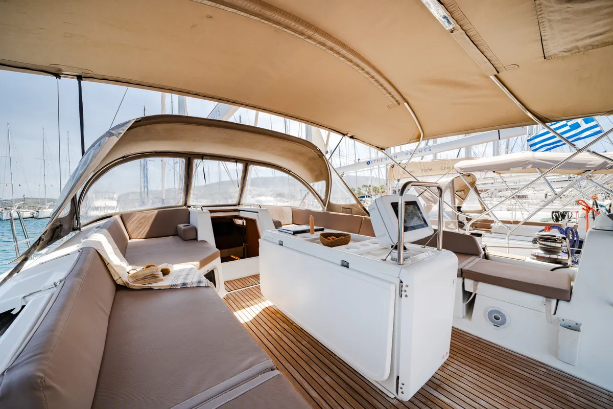 Cockpit of Celena IV, a Jeanneau 54 sailboat at Benitses, Greece
