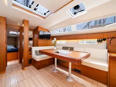 Salon of Celena IV, a Jeanneau 54 sailboat at Benitses, Greece