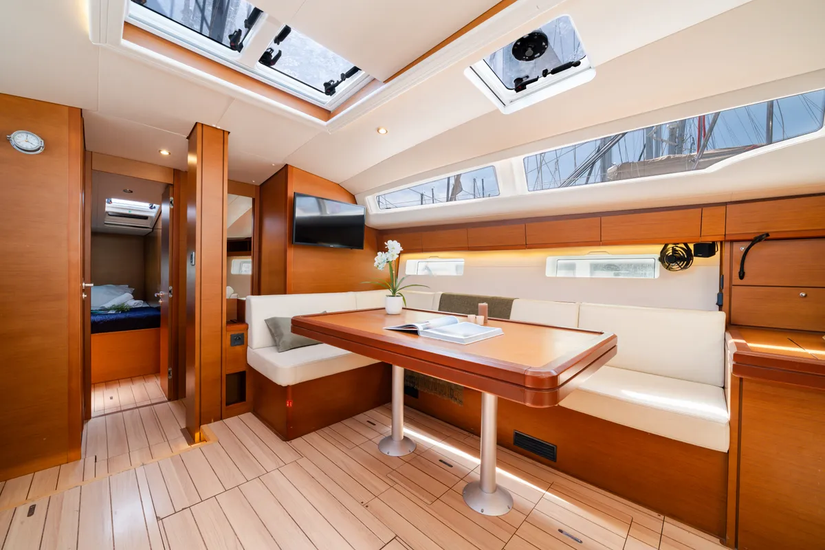 Salon of Celena IV, a Jeanneau 54 sailboat at Benitses, Greece
