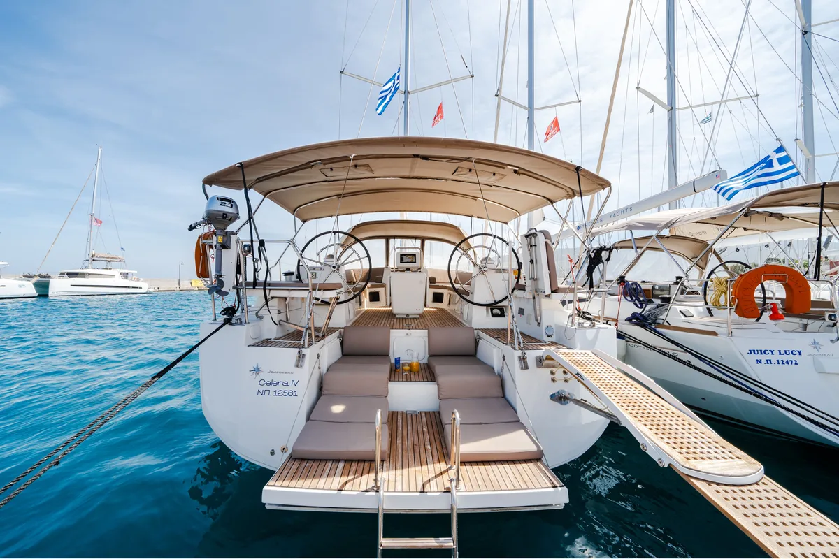 Exterior view of Celena IV, a Jeanneau 54 sailboat at Benitses, Greece