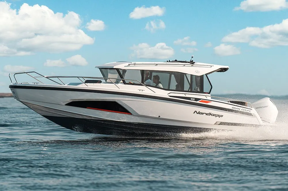 Exterior view of Sintaxion, a Nordkapp Coupe 905 motorboat at Glyfada, Greece