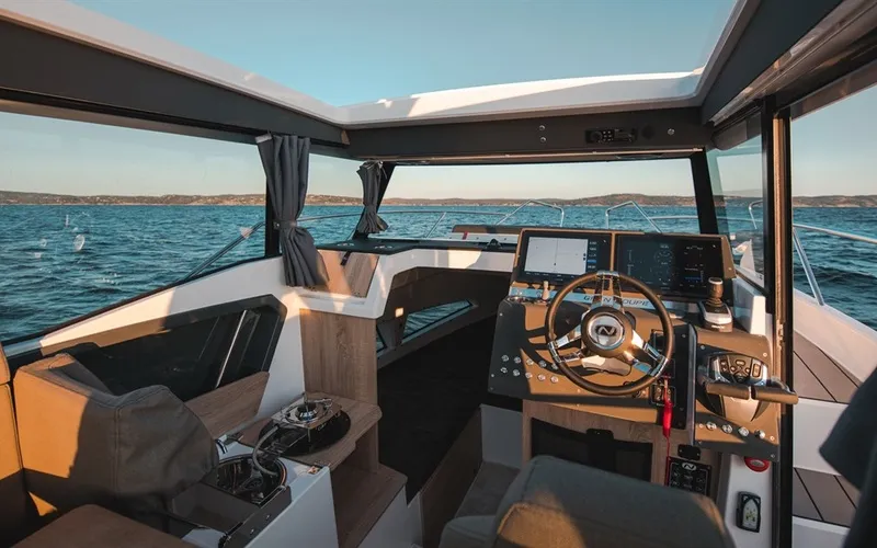 Cockpit of Sintaxion, a Nordkapp Coupe 905 motorboat at Glyfada, Greece