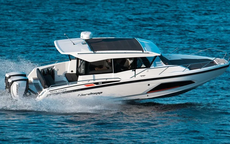 Exterior view of Sintaxion, a Nordkapp Coupe 905 motorboat at Glyfada, Greece