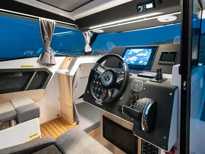 Cockpit of Sintaxion, a Nordkapp Coupe 905 motorboat at Glyfada, Greece