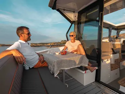 Deck of Sintaxion, a Nordkapp Coupe 905 motorboat at Glyfada, Greece