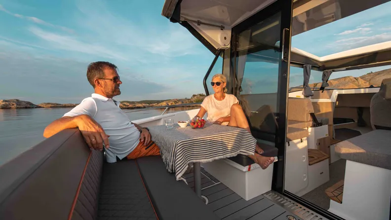 Deck of Sintaxion, a Nordkapp Coupe 905 motorboat at Glyfada, Greece